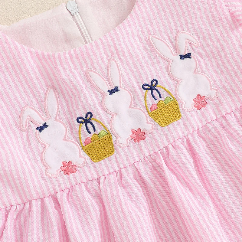 Toddler Baby Girl Summer Dress Ruffle Sleeveless Round Neck Bunny Embroidery Loose Vacation Dress