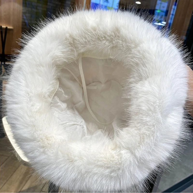 Classical Black White Fluffy Fur Women Bucket Hat Mongolian Cap Cold-proof Furry Basin Caps
