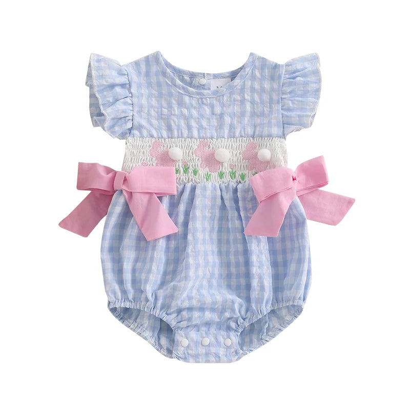 Baby Girls Rompers Easter Clothes Rabbit Embroidery Plaid Fly Sleeve Summer Bodysuits Jumpsuits