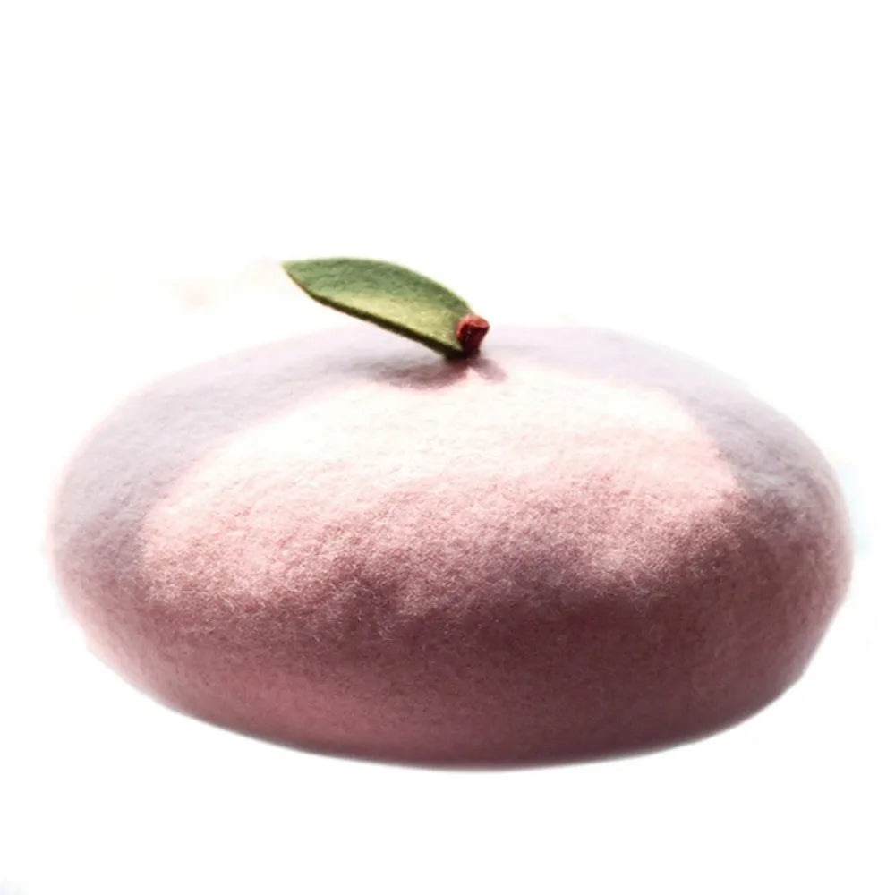 Lady Fresh Cute Fruit Flat Painter Wool Felt Orange Apple Lemon Pink Gift Green Leaf Kids Handmade Warm Berets Caps