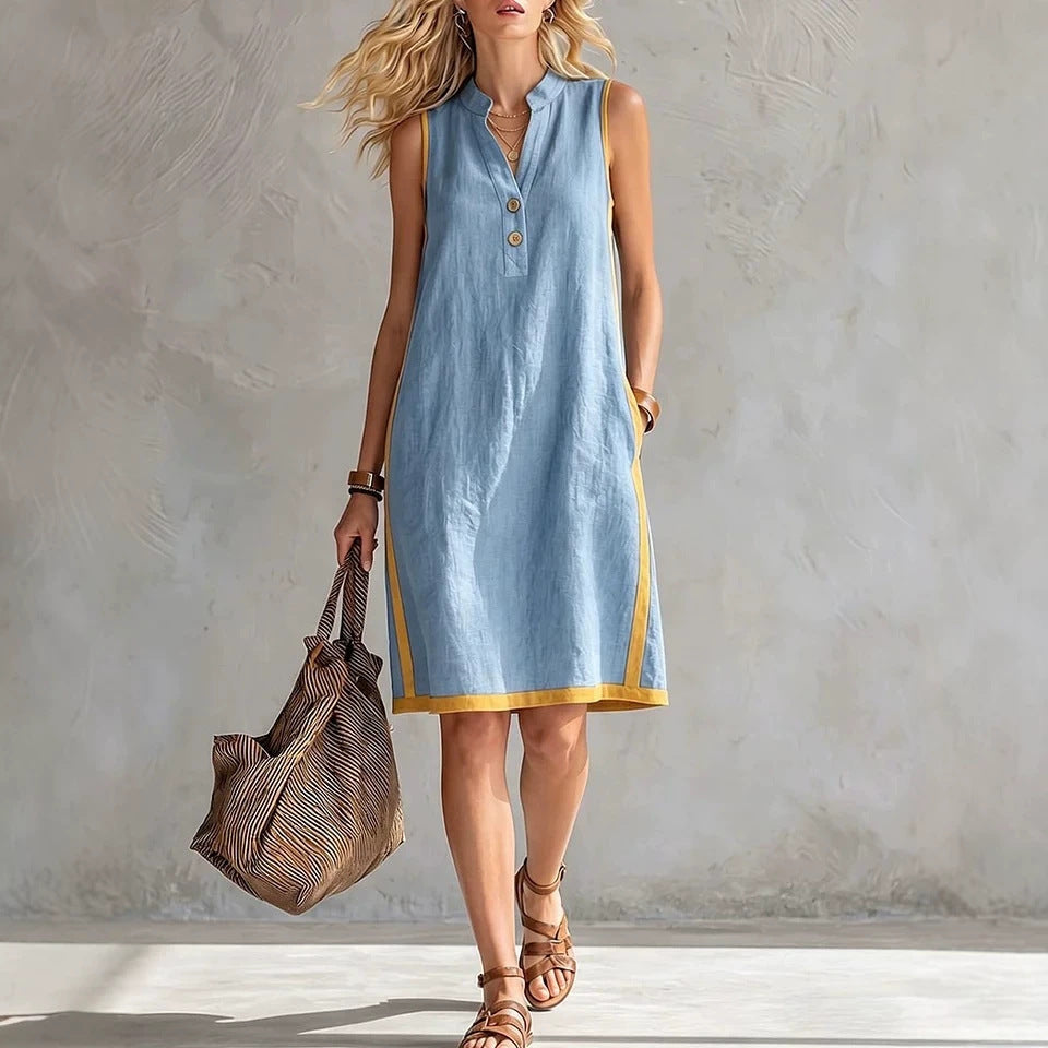 Women's Sleeveless V-Neck Button-Front Pocketed Midi Dress