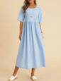 Plus Size Cotton Linen Midi Dress | Round Neck Pocket Dress