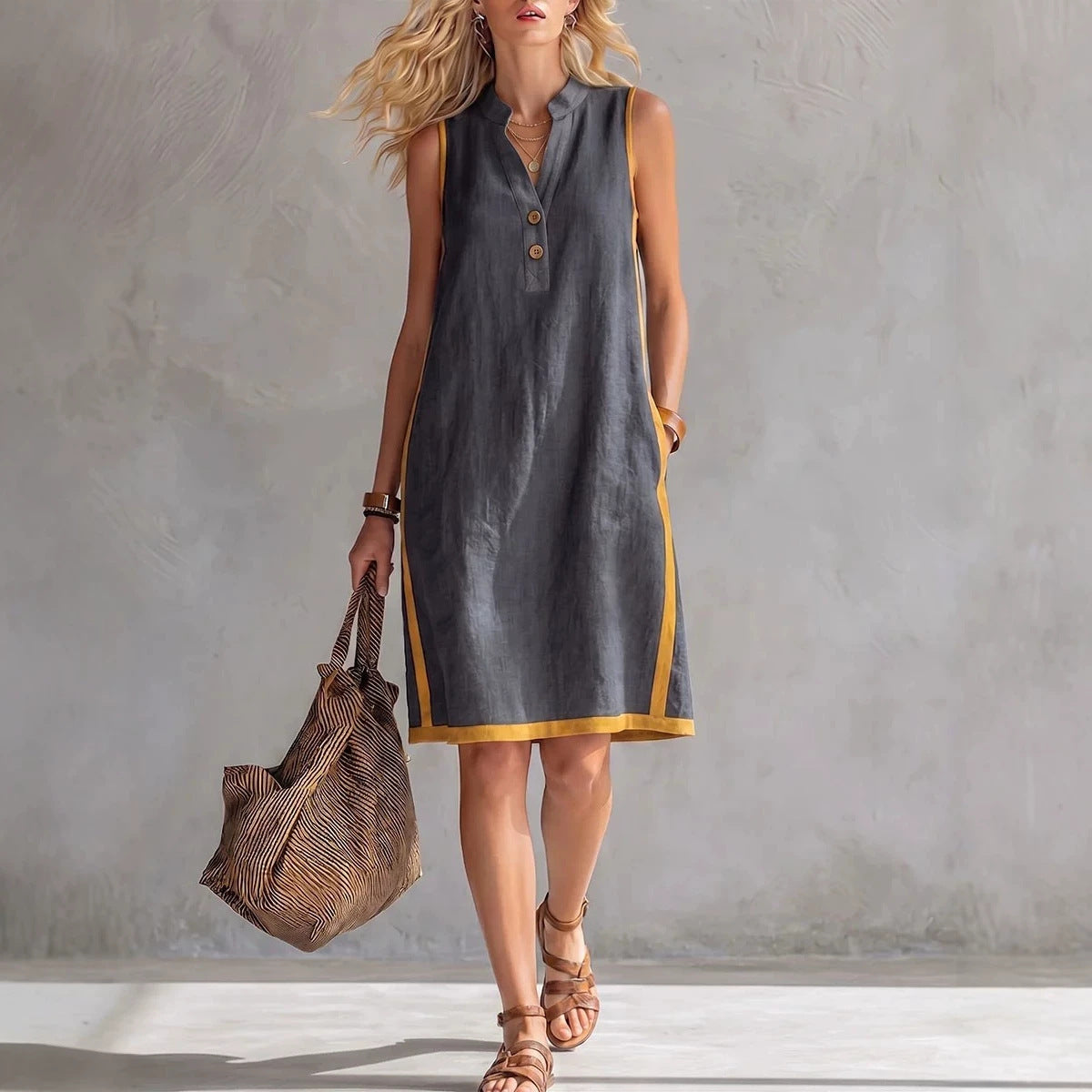 Women's Sleeveless V-Neck Button-Front Pocketed Midi Dress