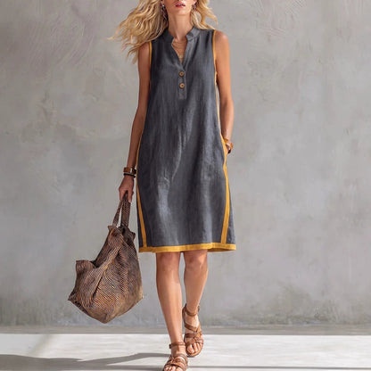 Women's Sleeveless V-Neck Button-Front Pocketed Midi Dress