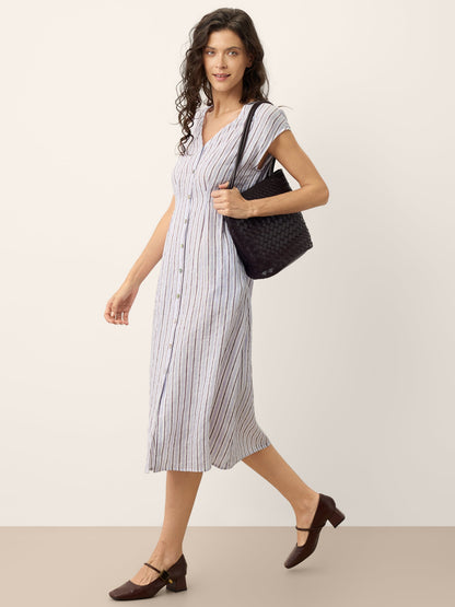 100% Linen Striped Tailored Cap Sleeve Midi Dress AGNES