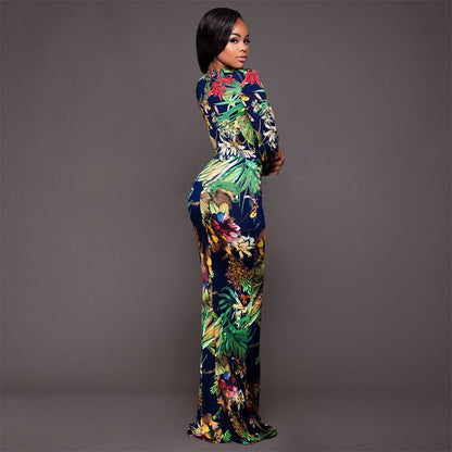 Sexy High Slit Printed Dress Arrival Women Clothing Deep V Plunge Plunge Long Sleeve Dress Plus Size