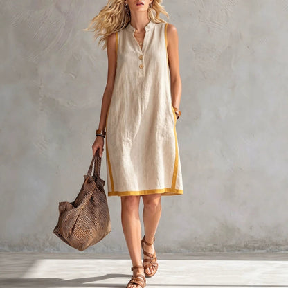 Women's Sleeveless V-Neck Button-Front Pocketed Midi Dress