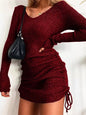 Full Size Ribbed Knit Drawstring Bodycon Sweater Dress Plus Size