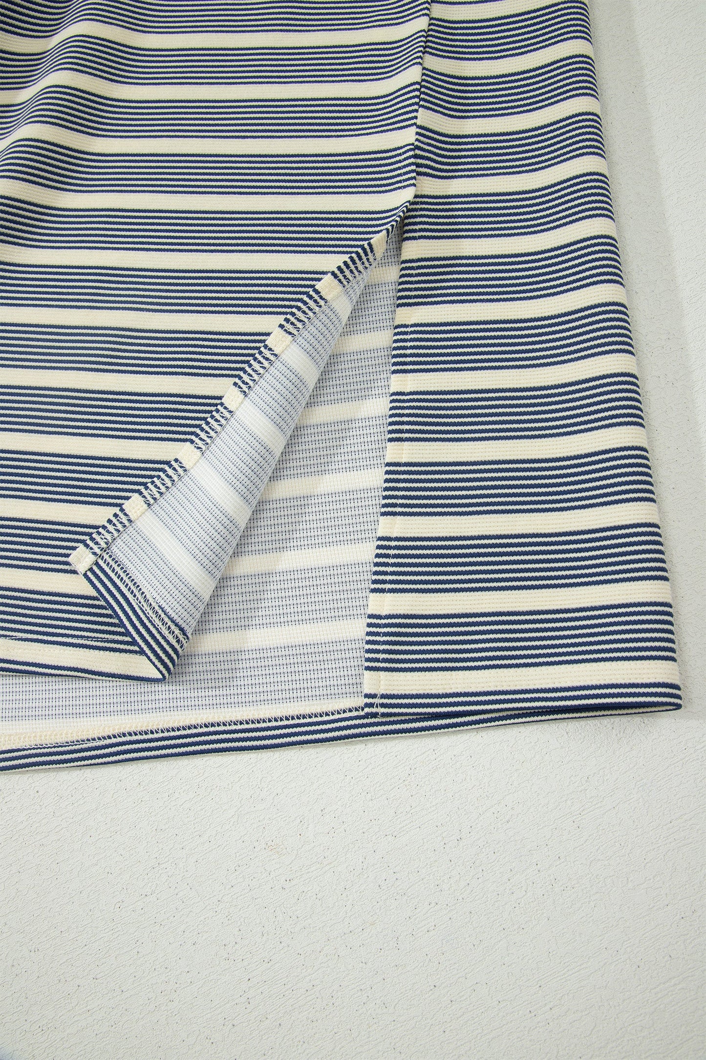 Blue Stripe Plus Size Contrast Trim Button V Neck Ruffle Sleeve Shift Dress