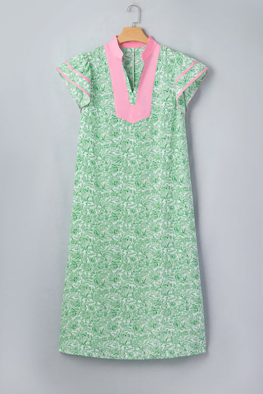 Green Plus Size Contrast Trim Flutter Sleeve Floral Kaftan Maxi Dress