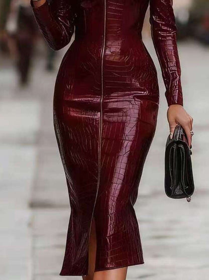 Full Size Crocodile Embossed Zipper Front Bodycon Midi Dress Plus Size