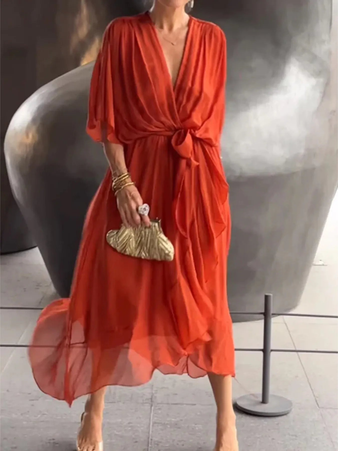 Full Size Flowy Tie Front Midi Dress with Flutter Sleeves Plus Size