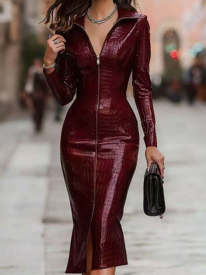 Full Size Crocodile Embossed Zipper Front Bodycon Midi Dress Plus Size