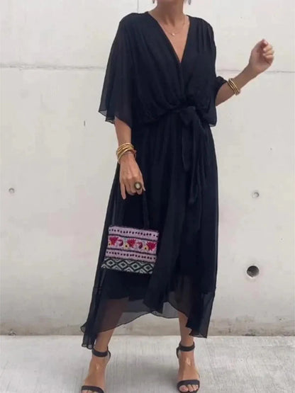 Full Size Flowy Tie Front Midi Dress with Flutter Sleeves Plus Size