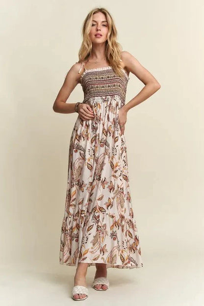 ADORA Smocked Cami Dress with Printed Neck Tie Shoulder
