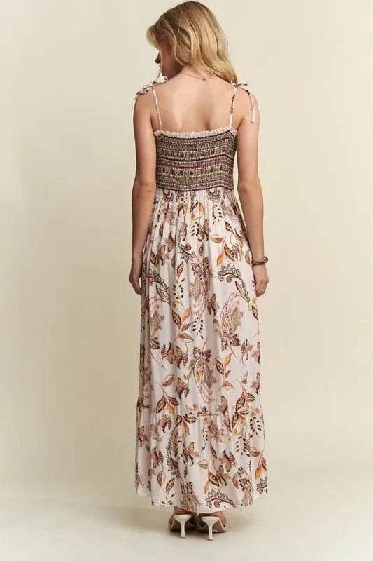 ADORA Smocked Cami Dress with Printed Neck Tie Shoulder