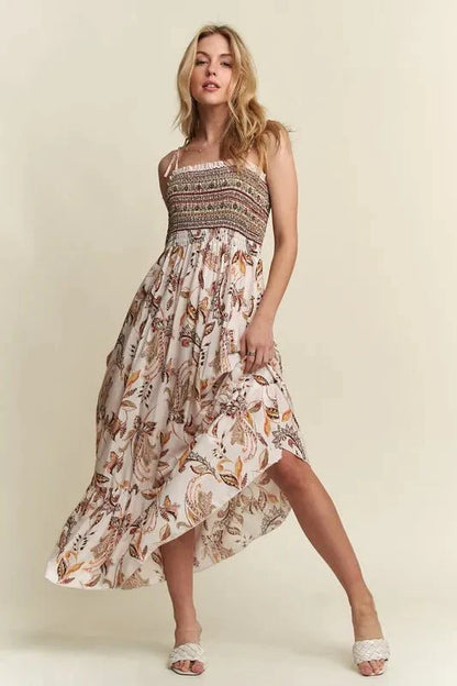 ADORA Smocked Cami Dress with Printed Neck Tie Shoulder