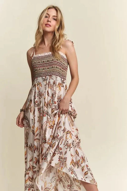 ADORA Smocked Cami Dress with Printed Neck Tie Shoulder