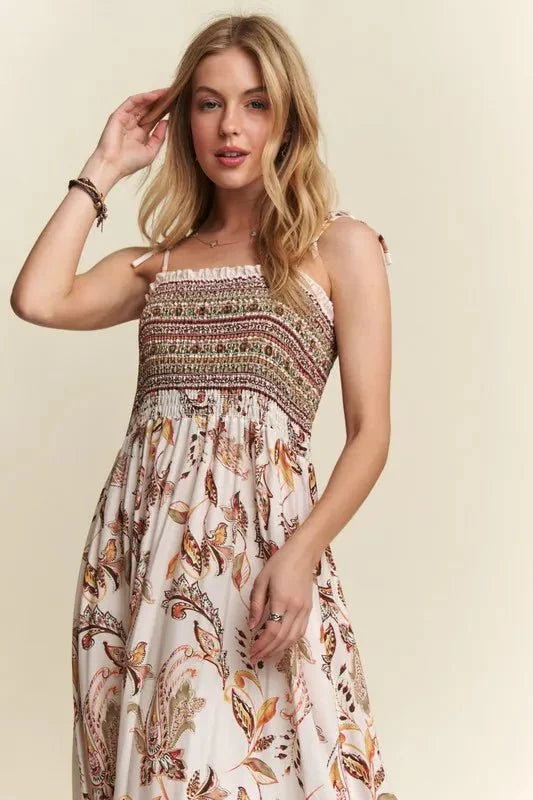 ADORA Smocked Cami Dress with Printed Neck Tie Shoulder