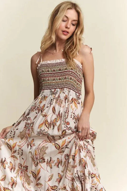 ADORA Smocked Cami Dress with Printed Neck Tie Shoulder
