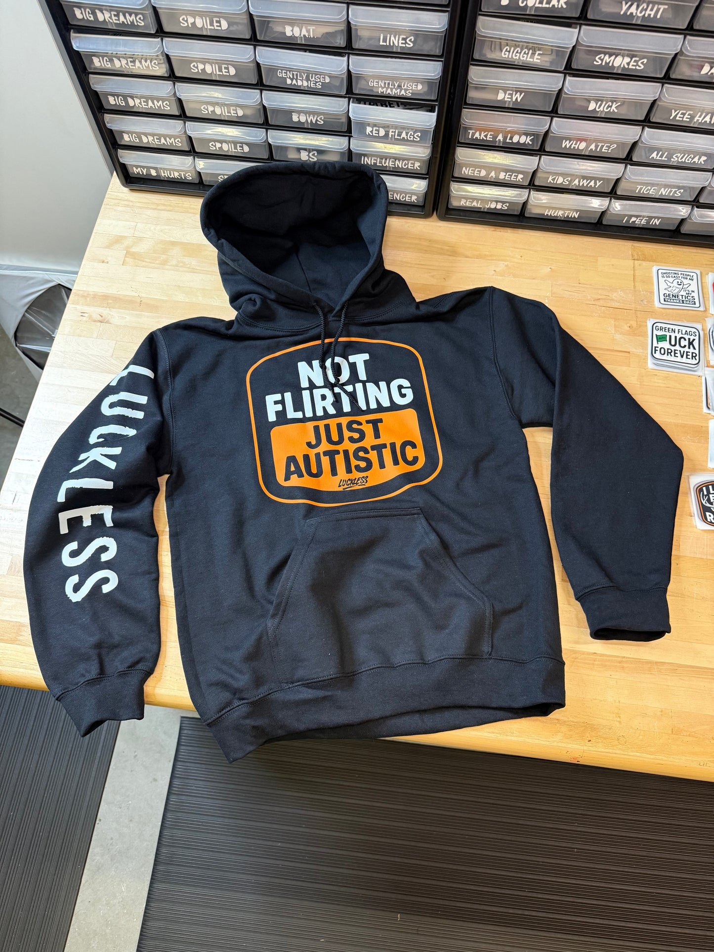 Not Flirting Just Autistic | Funny Men's and Women's Black Graphic Hoodie