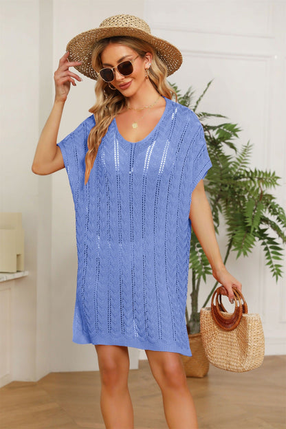 Spring Summer Women Clothing V-neck Solid Color Hollow Out Cutout Beach Dress Loose plus Size Blouse