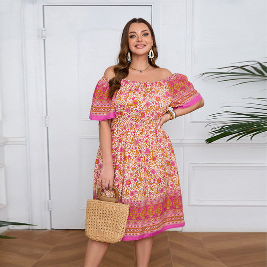 Plus Size Women Clothing Short Sleeve Bohemian Dress Holiday Beach Dress Summer