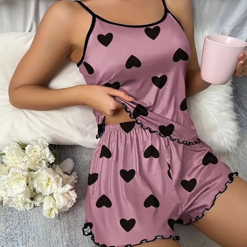 Ice Silk Pajamas for Women, Cute Heart Print Short Sleeve Sleepwear Set, Cool & Breathable for Hot Summer Nights