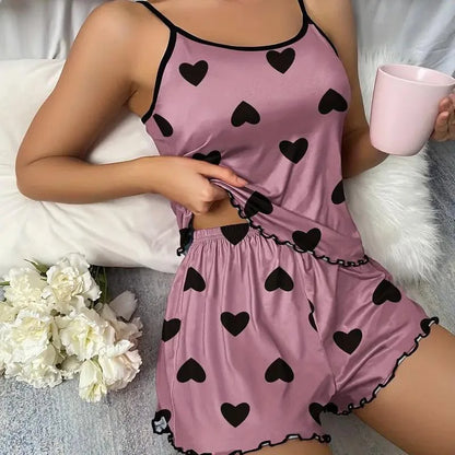 Ice Silk Pajamas for Women, Cute Heart Print Short Sleeve Sleepwear Set, Cool & Breathable for Hot Summer Nights
