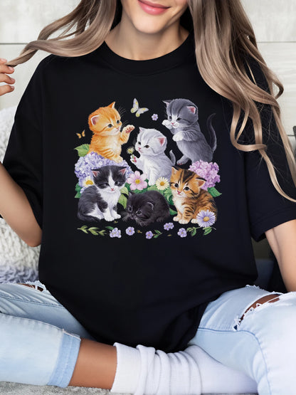 Cute Kittens and Flowers Print Easter T-Shirt Women Casual Wear Spring Summer Black Plus-Size