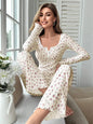 Sleepwear Women Floral Print Lettuce Trim Top with Long Pant Lovely Loungewear Full Sleeve Nightwear