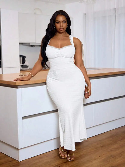 White Elegant Maxi Dress With Lace Heart Neckline Pleats Fitted