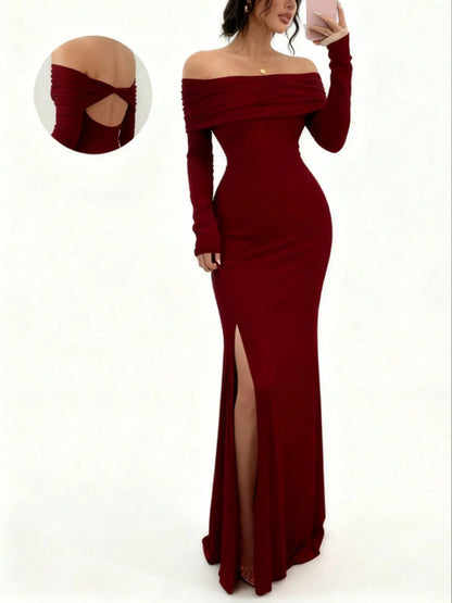 Women's Off-Shoulder Bodycon Dress - Long Sleeve High Slit Bandage Dress, Chic Figure-Hugging Midi