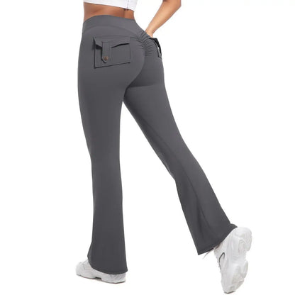 Women's Yoga Flare Trousers, High-Waisted Tummy-Control Wide-Leg s with Pockets