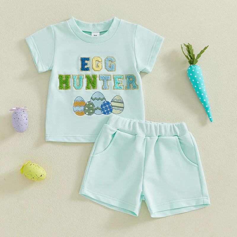 Summer Kids Boys Easter Shorts Set Short Sleeve Embroidery Letters Eggs T-shirt with Shorts Clothes Outfit