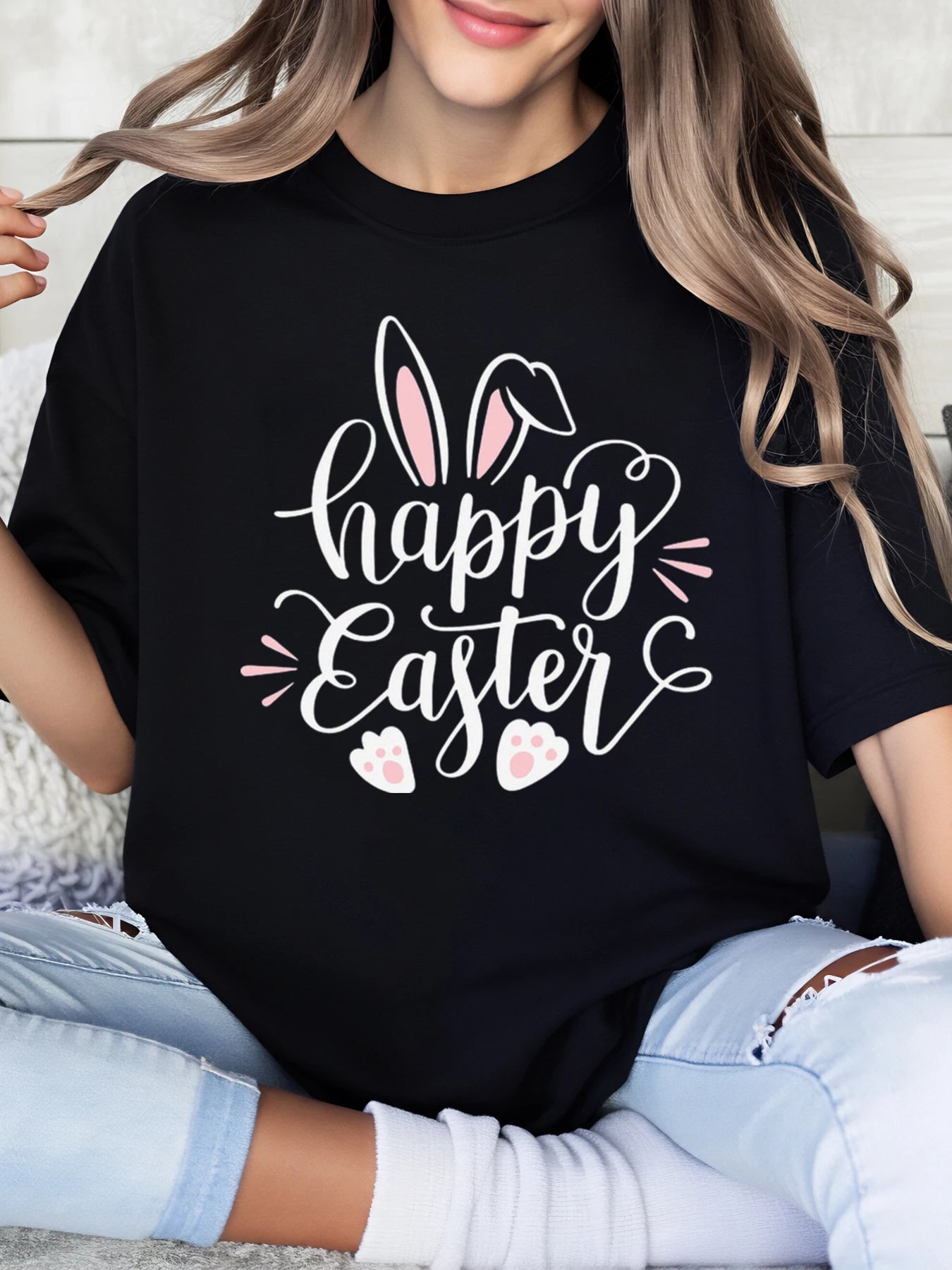 Happy Easter Bunny Ears and Paw Prints Design Easter t Shirt Women Casual Spring Festival Outfit Black Plus-Size