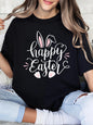 Happy Easter Bunny Ears and Paw Prints Design Easter t Shirt Women Casual Spring Festival Outfit Black Plus-Size