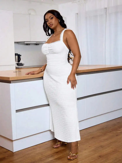 White Elegant Maxi Dress With Lace Heart Neckline Pleats Fitted