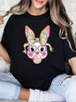 Easter Bunny with Bow and Bubblegum Print Easter T-Shirt Women Casual Wear Black Plus-Size