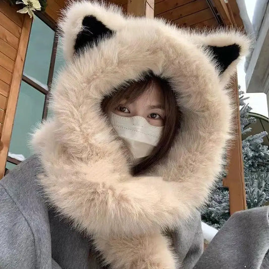 Cute Fox Ear Fluffy Hat Scarf Warm Thick Plush Hooded Scarf For Women Windproof Protection Ear Hat