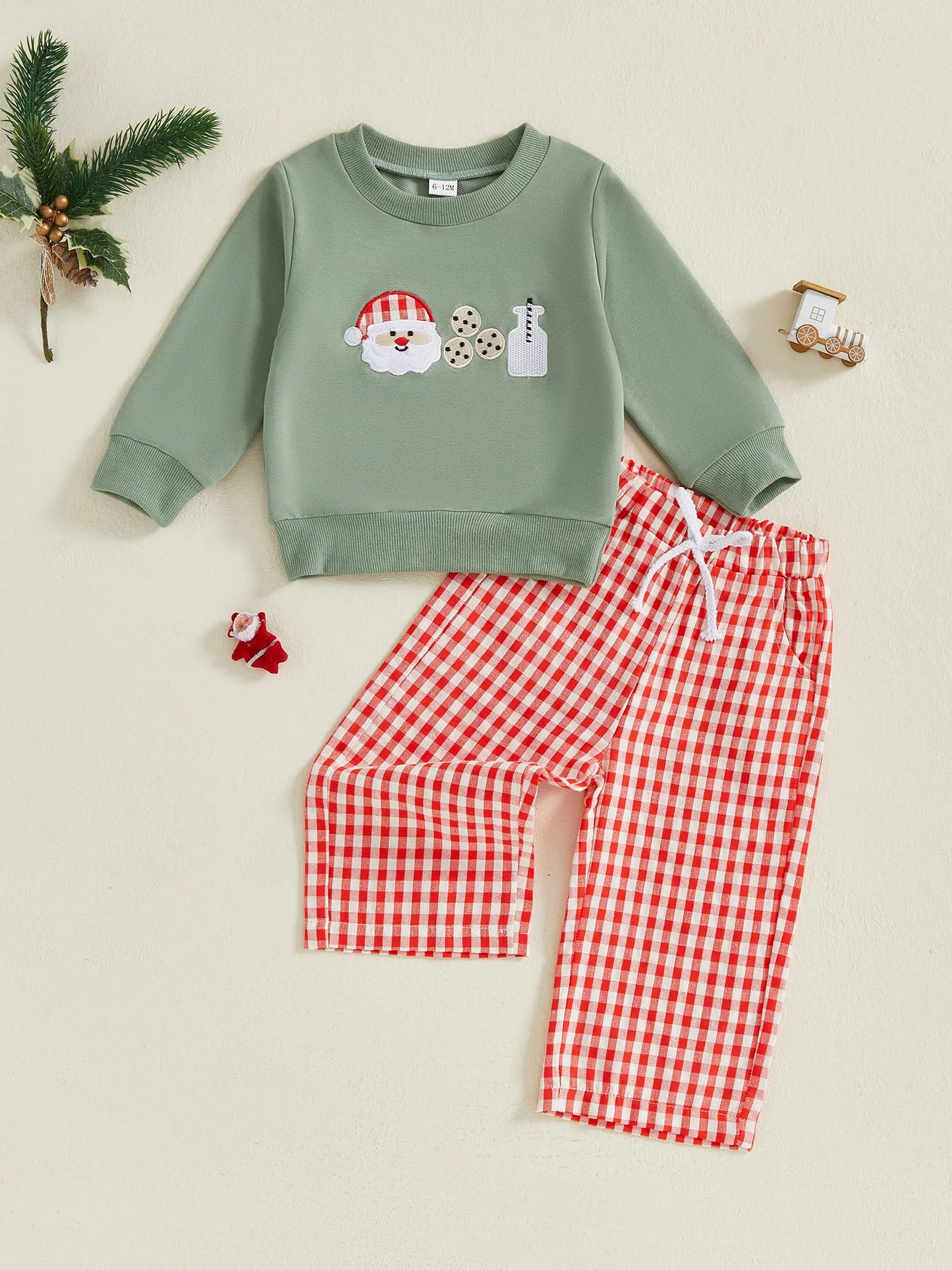 Infant Christmas Costume Reindeer Embroidery Hoodie Plaid Elastic Waist Pants 2 Piece Set for Baby Boy Girl