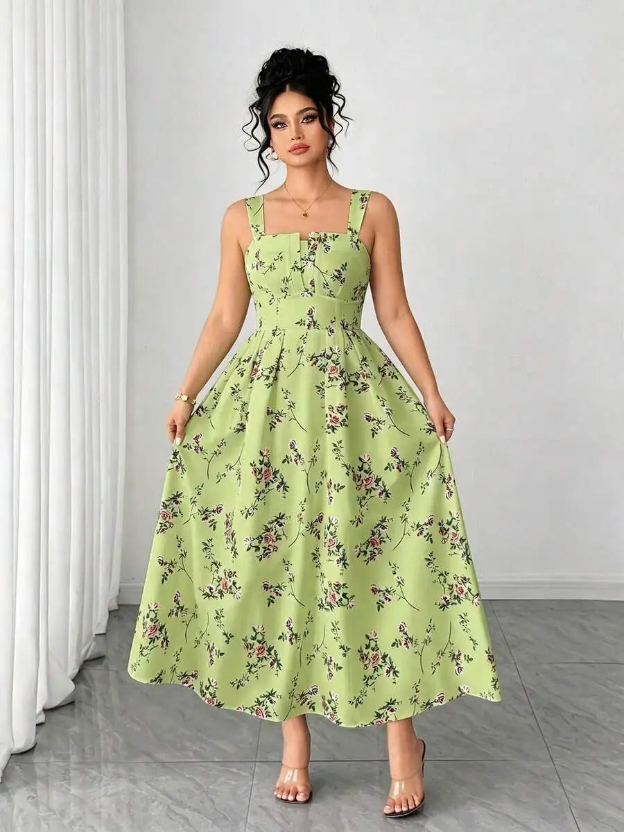Plus Size Women's Floral Print Spaghetti Strap A-Line Midi Dress