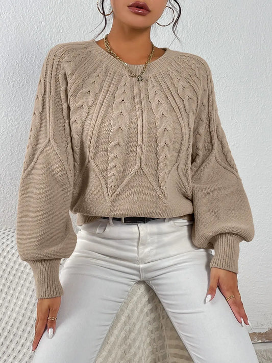 Cable Knit Lantern Sleeve Sweater for Women, Cozy Pullover with V-Neck Design
