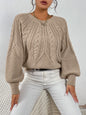 Cable Knit Lantern Sleeve Sweater for Women, Cozy Pullover with V-Neck Design