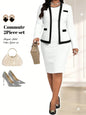 Elegant Tweed Office Suit Set for Women - Long Sleeve Blazer & Pencil Skirt, Plus Size, Business Casual