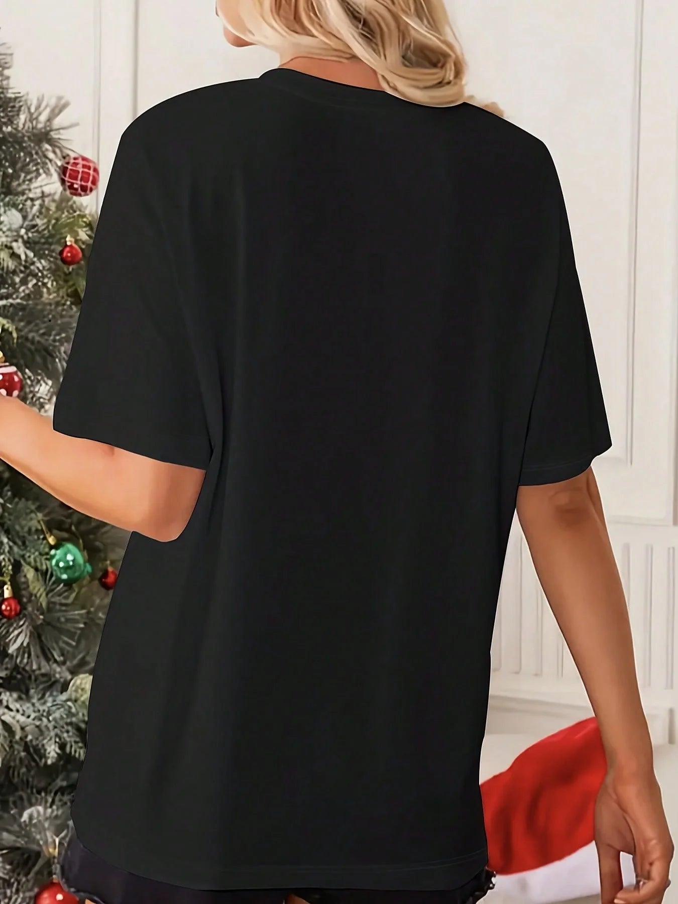 Cute Kittens and Flowers Print Easter T-Shirt Women Casual Wear Spring Summer Black Plus-Size