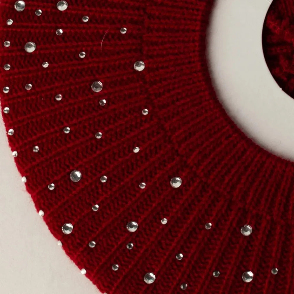 Handmade Women Rhinestone Beret Knitted Stripe Solid Hat Female Ladies Warm Flexible Berets Girls Lady Casual Bonnet