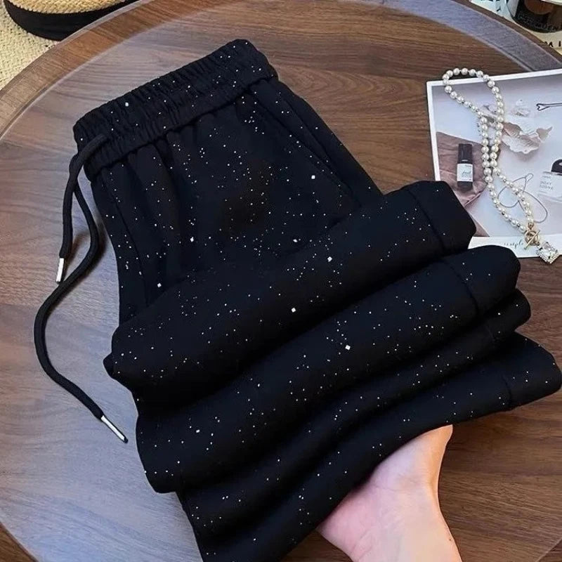 Starry Sky Ice Silk Wide Leg Pants  High Waist Straight Leg Sporty  Sparkling Pants