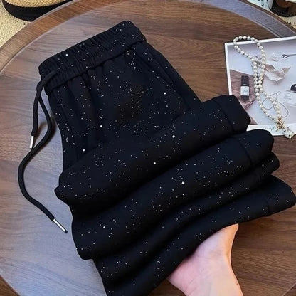 Starry Sky Ice Silk Wide Leg Pants  High Waist Straight Leg Sporty  Sparkling Pants