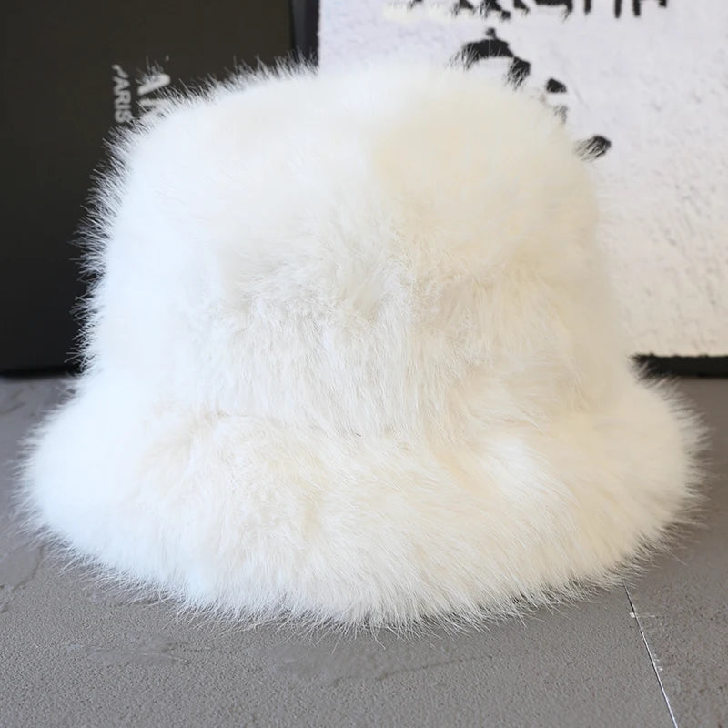Fluffy Faux Fur Bucket Hats Women Fuzzy Wide Brim Thick Plush Winter Hat Lady Long Pile Fur Panama Furry